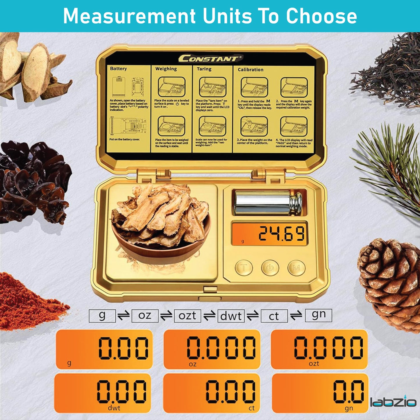 Labzio Digital Golden Weight Scale — Measures from 0.01g to 200g | Durable Design with Brushed Stainless Steel Platform, Includes Backlit LCD | Free Calibration Weight Included | 14.5 X 8 X 2.5