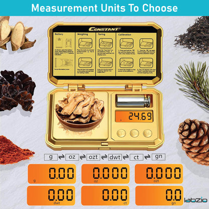 Labzio Digital Golden Weight Scale — Measures from 0.01g to 200g | Durable Design with Brushed Stainless Steel Platform, Includes Backlit LCD | Free Calibration Weight Included | 14.5 X 8 X 2.5