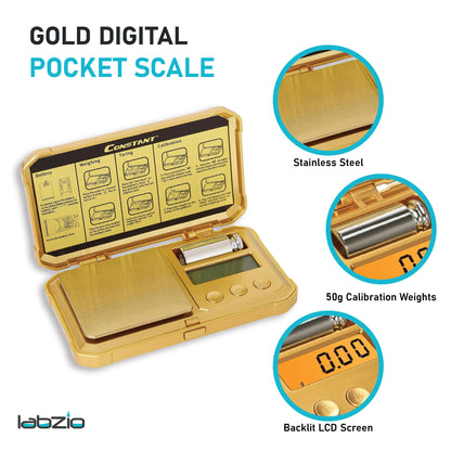 Labzio Digital Golden Weight Scale — Measures from 0.01g to 200g | Durable Design with Brushed Stainless Steel Platform, Includes Backlit LCD | Free Calibration Weight Included | 14.5 X 8 X 2.5