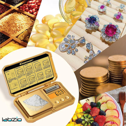 Labzio Digital Golden Weight Scale — Measures from 0.01g to 200g | Durable Design with Brushed Stainless Steel Platform, Includes Backlit LCD | Free Calibration Weight Included | 14.5 X 8 X 2.5