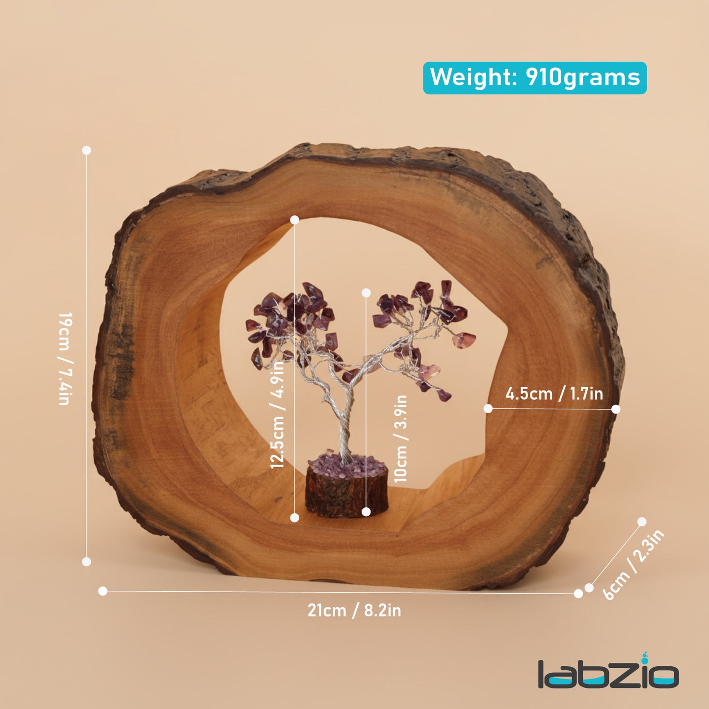 LABZIO Natural Wooden Log with Amethyst 'Tree of Life' – Handmade Crystal Tree Sculpture for Home Decor, Positive Energy, and Spiritual Healing – Unique Wood Slice Display for Tabletop or Shelf