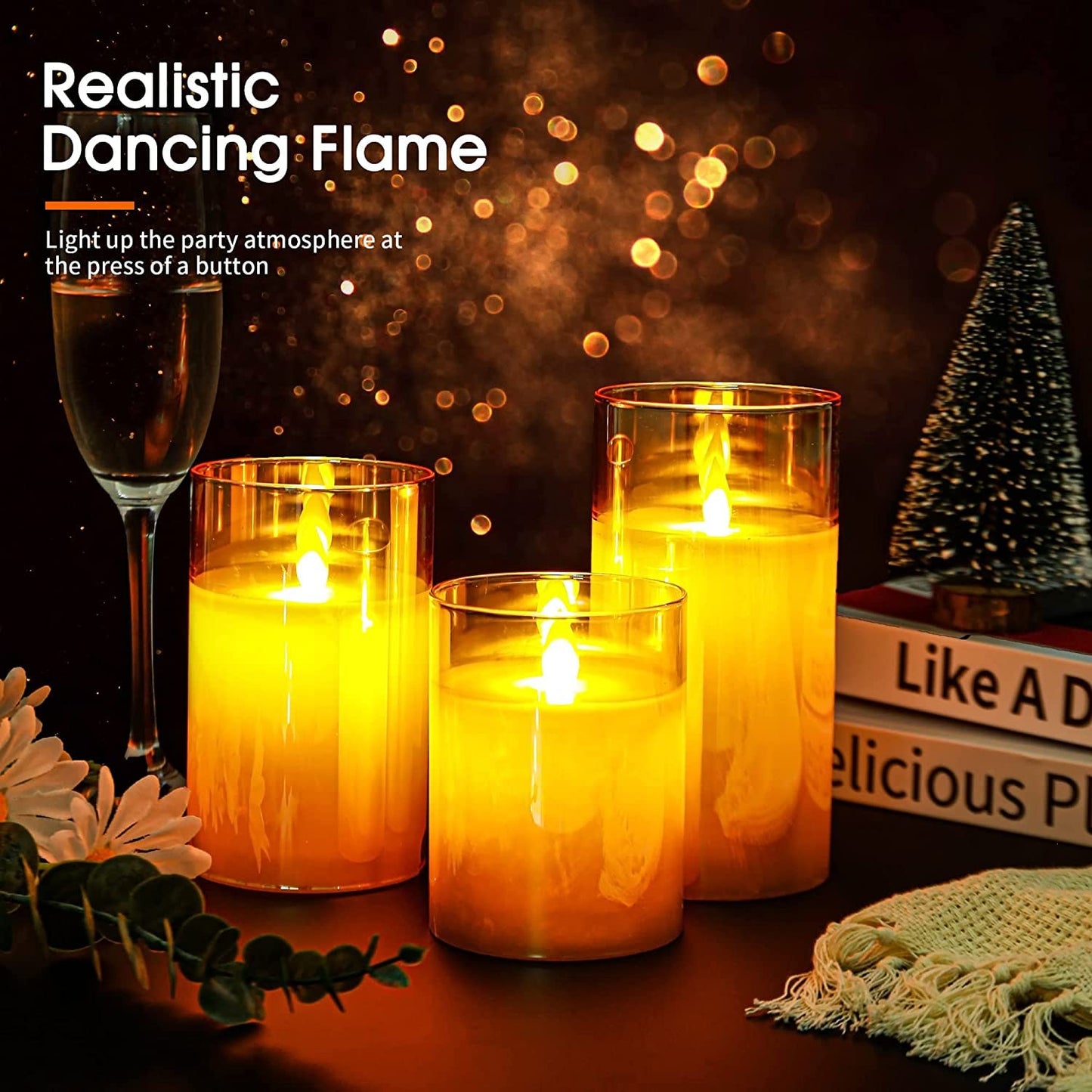 LABZIO Led Candles Glass Battery Operated Flameless Led Candles Warm White Flickering Light for Home Decoration (Set of 3)