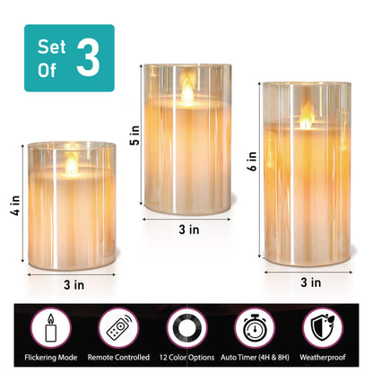 LABZIO Set of 3 Real Wax LED Flameless Pillar Candles with Flickering Amber Glass Effect, Color Changing & Remote Controller, Golden Acrylic Fiber Glass, for Christmas Home Decor & Festive Ambiance