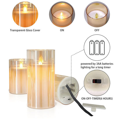 LABZIO Set of 3 Real Wax LED Flameless Pillar Candles with Flickering Amber Glass Effect, Color Changing & Remote Controller, Golden Acrylic Fiber Glass, for Christmas Home Decor & Festive Ambiance