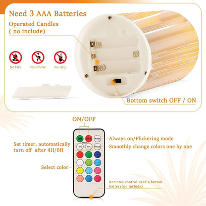 LABZIO Set of 3 Real Wax LED Flameless Pillar Candles with Flickering Amber Glass Effect, Color Changing & Remote Controller, Golden Acrylic Fiber Glass, for Christmas Home Decor & Festive Ambiance