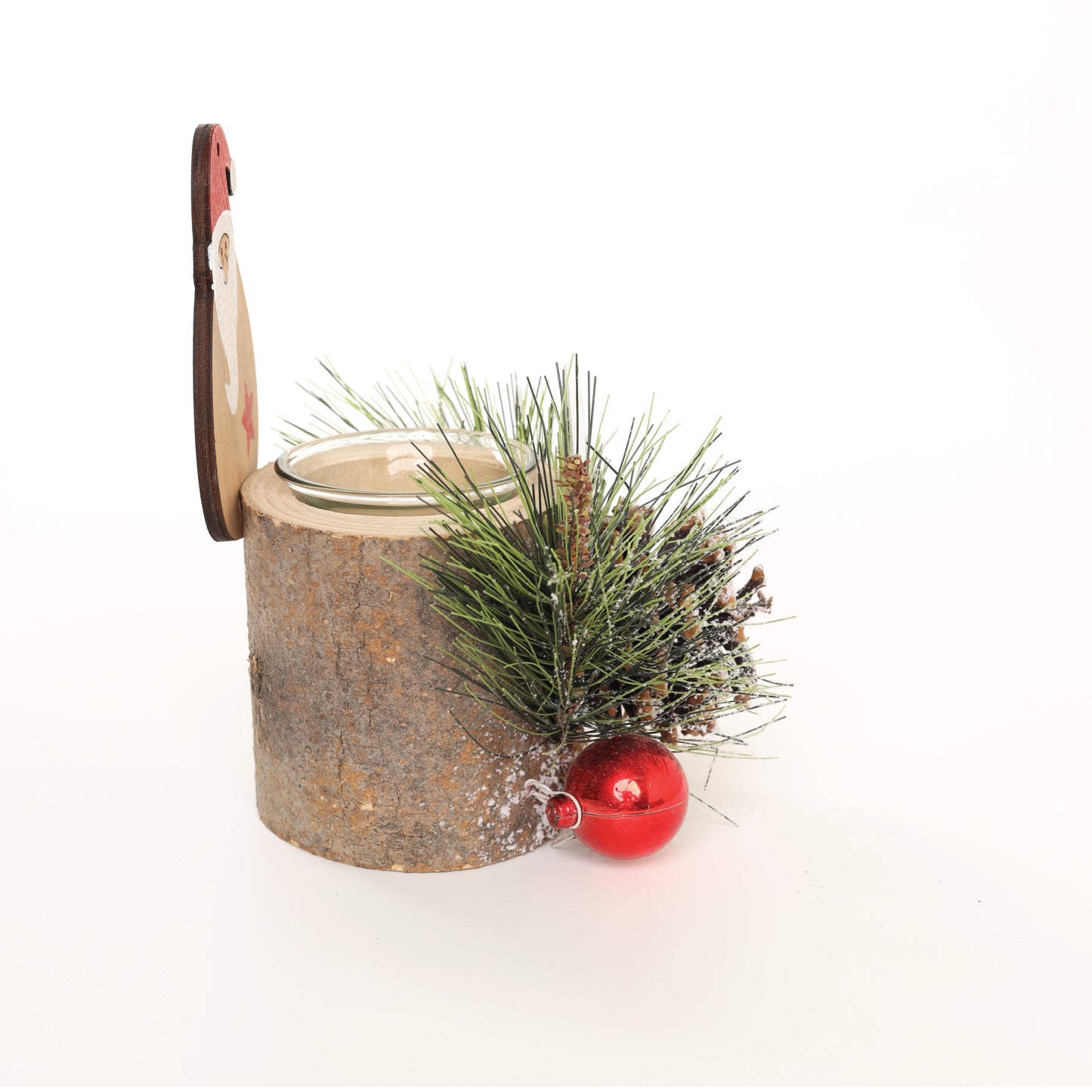 LABZIO Rustic Wooden Santa Claus Christmas Tree Candle Holder - Festive Tea Light Stand with Pinecones, Berries & Snowy Foliage - Holiday Home Decor Centerpiece