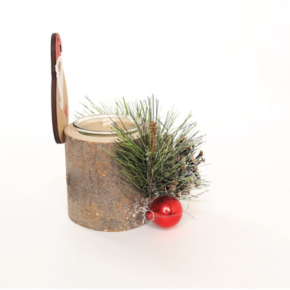 LABZIO Rustic Wooden Santa Claus Christmas Tree Candle Holder - Festive Tea Light Stand with Pinecones, Berries & Snowy Foliage - Holiday Home Decor Centerpiece