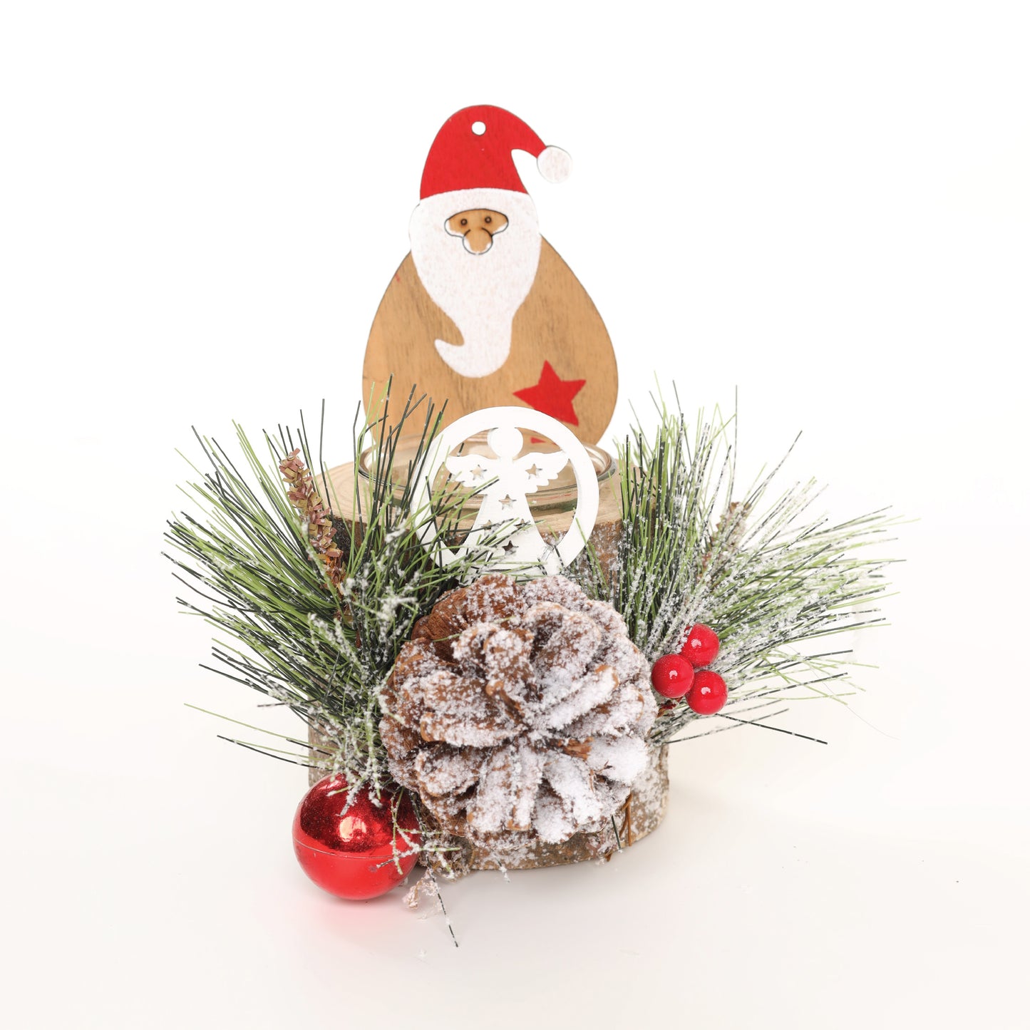 LABZIO Rustic Wooden Santa Claus Christmas Tree Candle Holder - Festive Tea Light Stand with Pinecones, Berries & Snowy Foliage - Holiday Home Decor Centerpiece