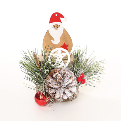 LABZIO Rustic Wooden Santa Claus Christmas Tree Candle Holder - Festive Tea Light Stand with Pinecones, Berries & Snowy Foliage - Holiday Home Decor Centerpiece