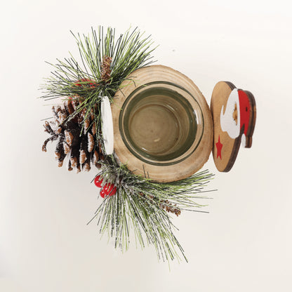 LABZIO Rustic Wooden Santa Claus Christmas Tree Candle Holder - Festive Tea Light Stand with Pinecones, Berries & Snowy Foliage - Holiday Home Decor Centerpiece