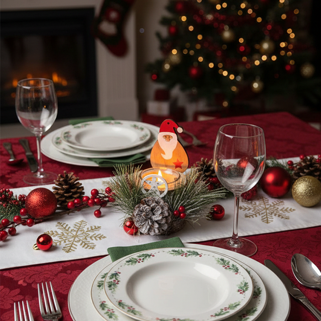 LABZIO Rustic Wooden Santa Claus Christmas Tree Candle Holder - Festive Tea Light Stand with Pinecones, Berries & Snowy Foliage - Holiday Home Decor Centerpiece