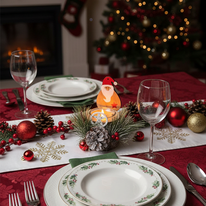 LABZIO Rustic Wooden Santa Claus Christmas Tree Candle Holder - Festive Tea Light Stand with Pinecones, Berries & Snowy Foliage - Holiday Home Decor Centerpiece