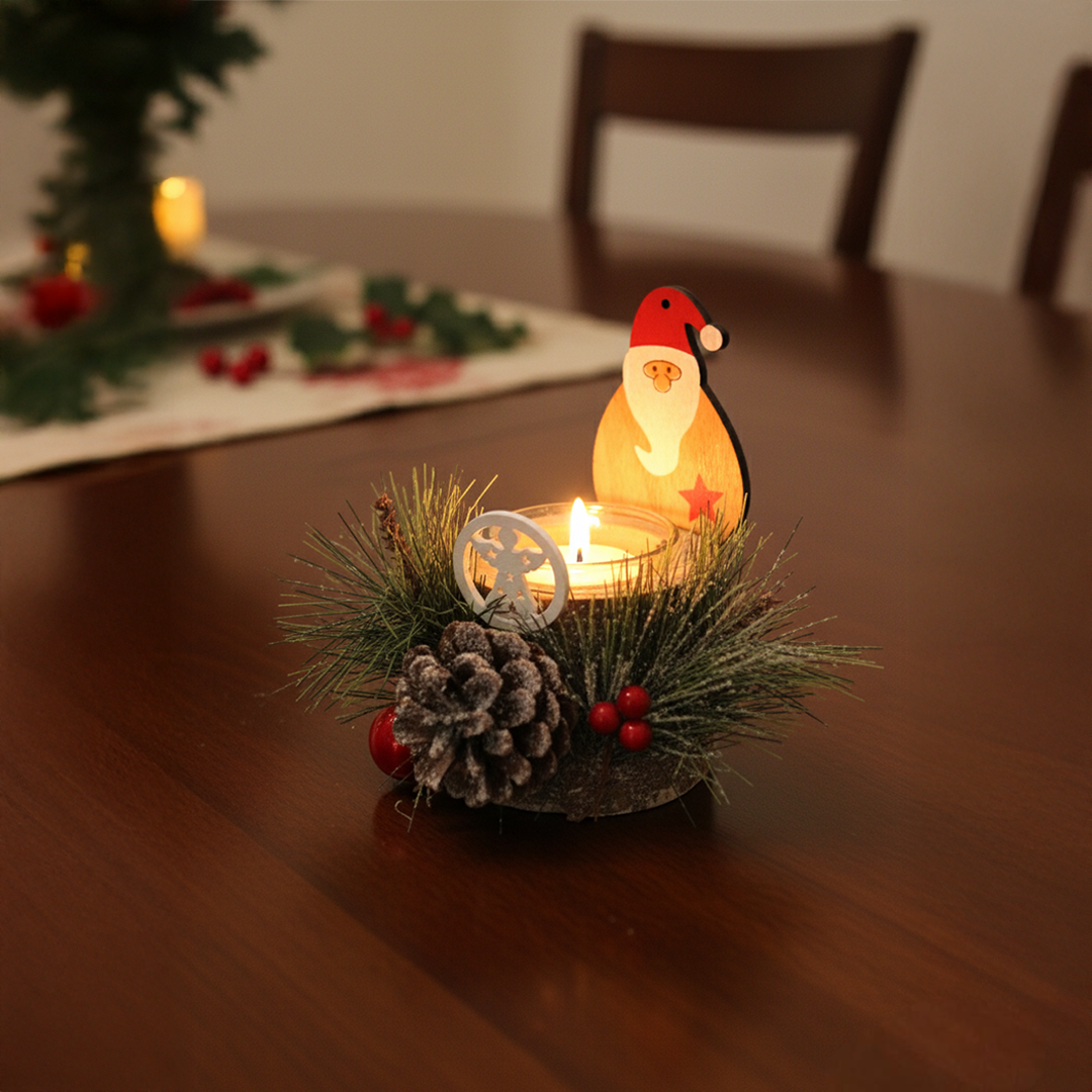 LABZIO Rustic Wooden Santa Claus Christmas Tree Candle Holder - Festive Tea Light Stand with Pinecones, Berries & Snowy Foliage - Holiday Home Decor Centerpiece