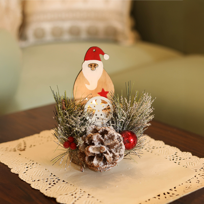 LABZIO Rustic Wooden Santa Claus Christmas Tree Candle Holder - Festive Tea Light Stand with Pinecones, Berries & Snowy Foliage - Holiday Home Decor Centerpiece