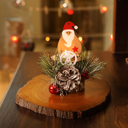 LABZIO Rustic Wooden Santa Claus Christmas Tree Candle Holder - Festive Tea Light Stand with Pinecones, Berries & Snowy Foliage - Holiday Home Decor Centerpiece