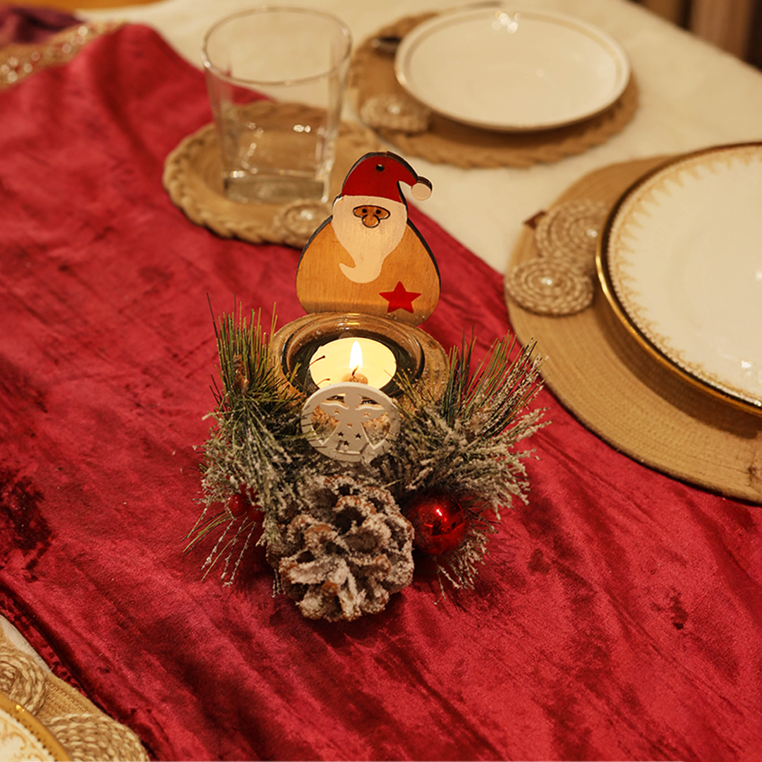 LABZIO Rustic Wooden Santa Claus Christmas Tree Candle Holder - Festive Tea Light Stand with Pinecones, Berries & Snowy Foliage - Holiday Home Decor Centerpiece