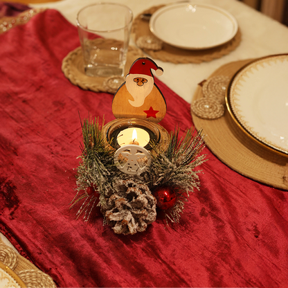 LABZIO Rustic Wooden Santa Claus Christmas Tree Candle Holder - Festive Tea Light Stand with Pinecones, Berries & Snowy Foliage - Holiday Home Decor Centerpiece
