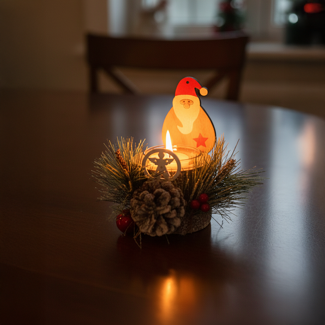 LABZIO Rustic Wooden Santa Claus Christmas Tree Candle Holder - Festive Tea Light Stand with Pinecones, Berries & Snowy Foliage - Holiday Home Decor Centerpiece