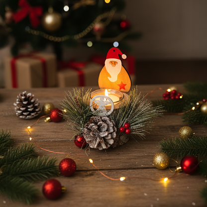 LABZIO Rustic Wooden Santa Claus Christmas Tree Candle Holder - Festive Tea Light Stand with Pinecones, Berries & Snowy Foliage - Holiday Home Decor Centerpiece