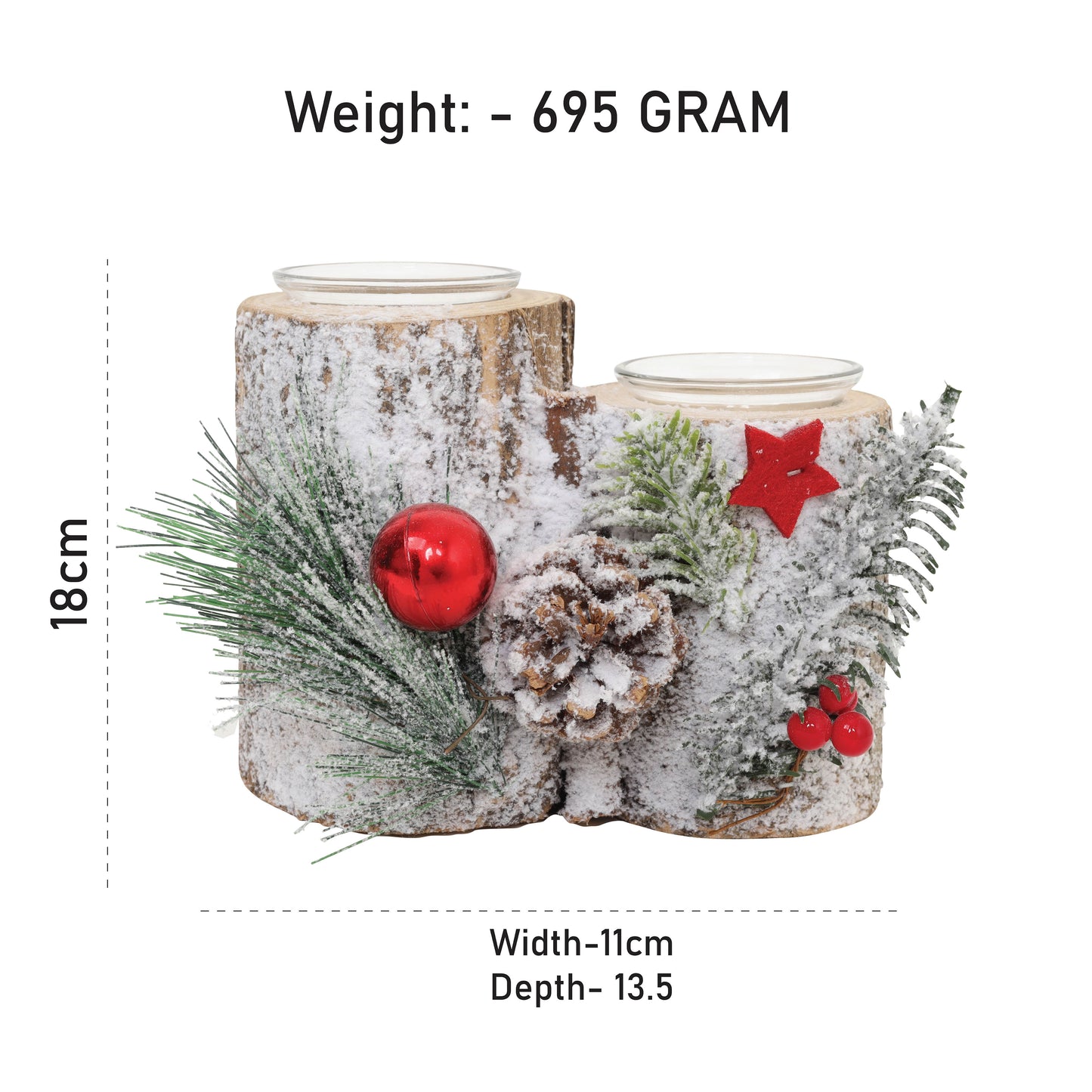 LABZIO Rustic Log Candle Holder with Winter Accents - Dual Tealight Holder with Pinecones, Faux Snow, Red Berries, and Evergreen Sprigs - Perfect for Holiday Table Centerpieces and Home Decor