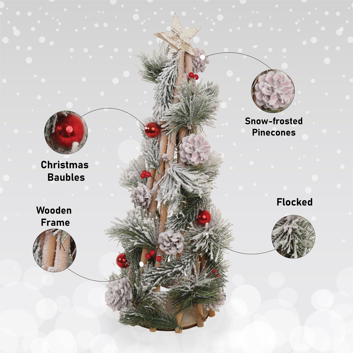 LABZIO Snow Frosted Christmas Tree - 57 CM Elegant Tabletop Decor with Pinecones, Red Berries, and Wooden Frame - Perfect for Holiday Tree Display in Home, Office, or Party