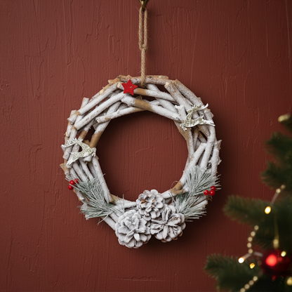 LABZIO Rustic Winter Christmas Tree Wreath - 12-Inch Pinecone & Berry Wreath with Snow-Dusted Branches - Holiday Door & Christmas Tree Decor with Hanging Rope