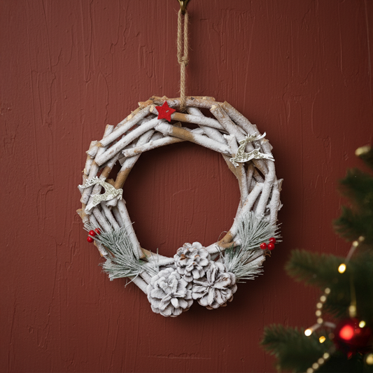 LABZIO Rustic Winter Christmas Tree Wreath - 12-Inch Pinecone & Berry Wreath with Snow-Dusted Branches - Holiday Door & Christmas Tree Decor with Hanging Rope