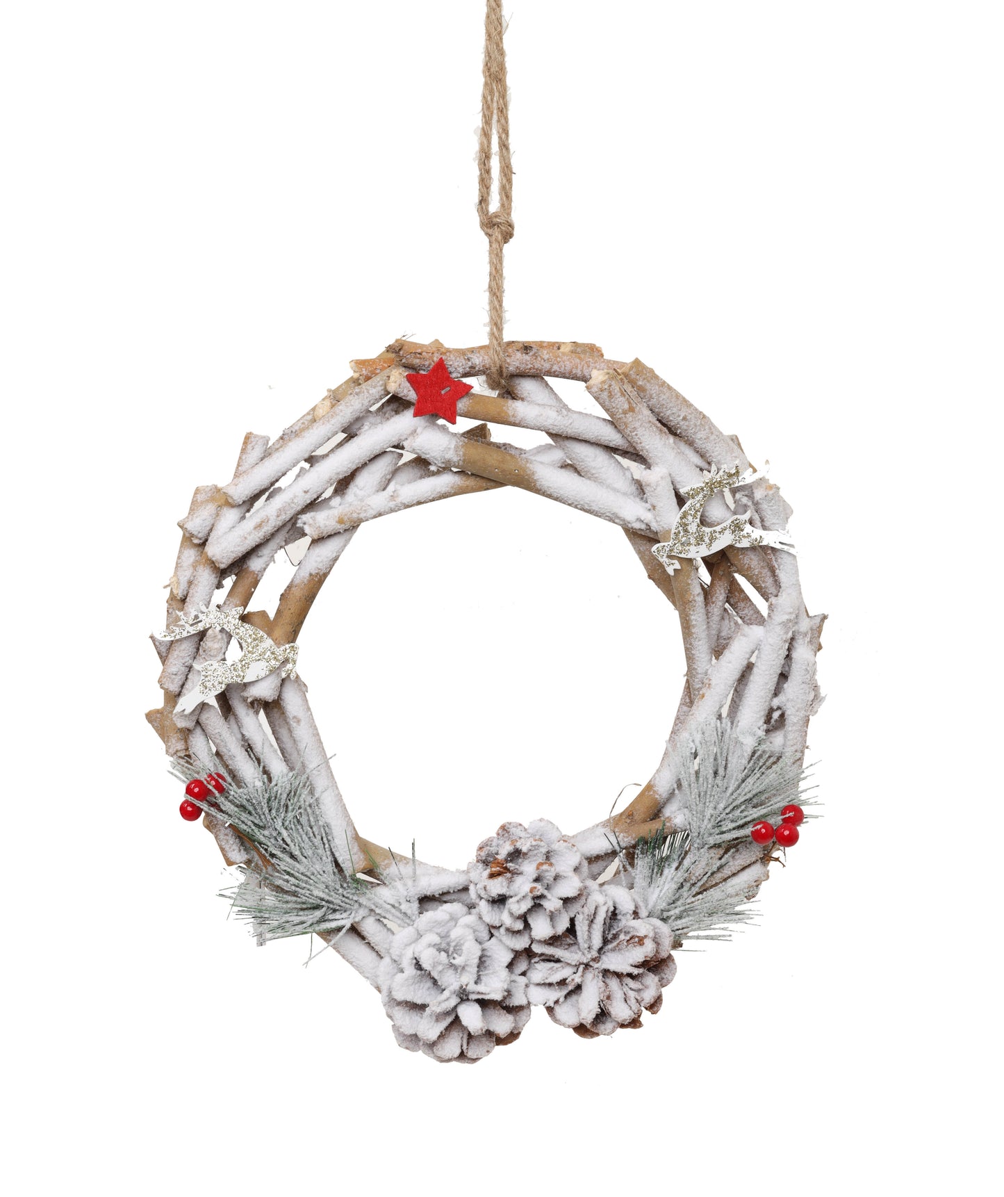 LABZIO Rustic Winter Christmas Tree Wreath - 12-Inch Pinecone & Berry Wreath with Snow-Dusted Branches - Holiday Door & Christmas Tree Decor with Hanging Rope