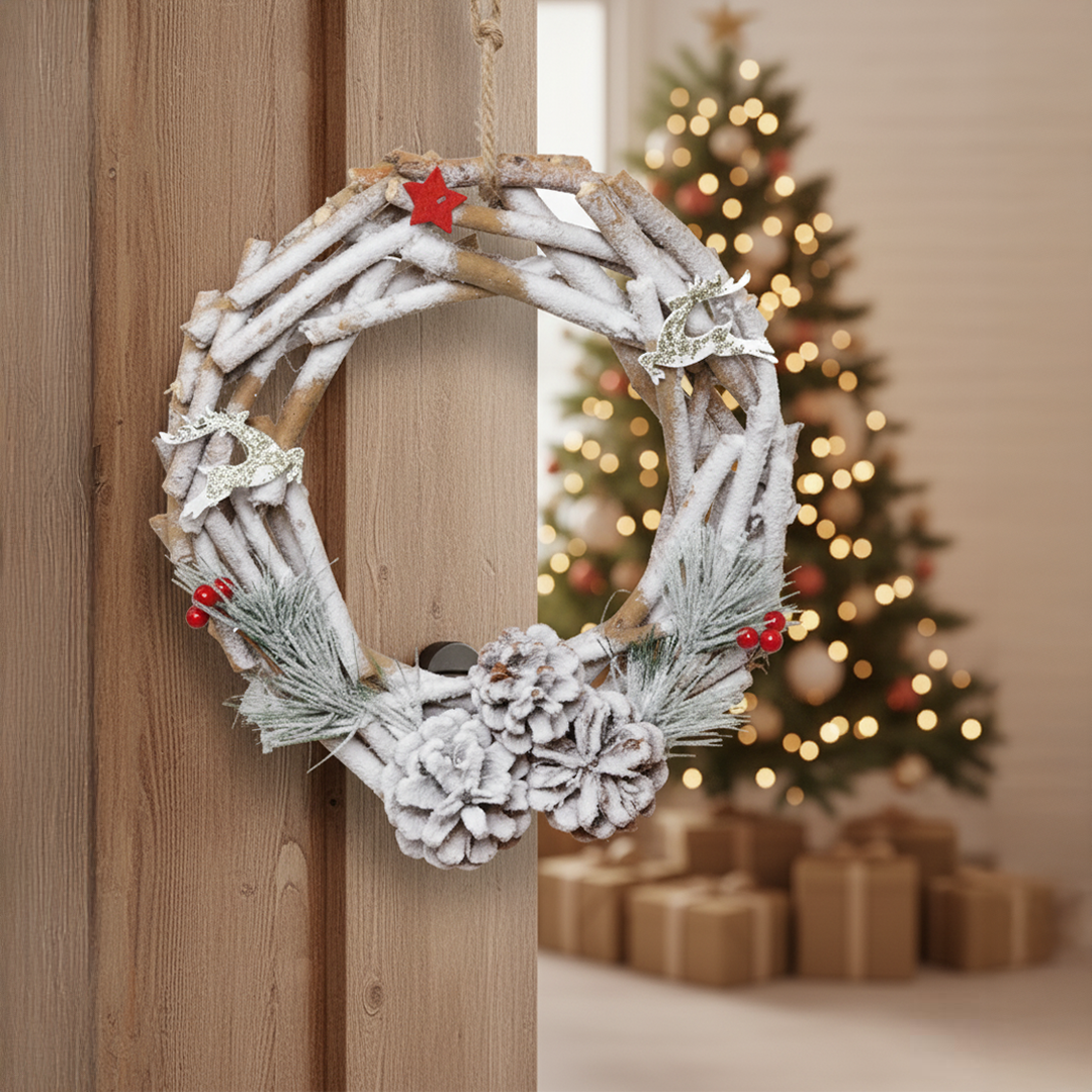 LABZIO Rustic Winter Christmas Tree Wreath - 12-Inch Pinecone & Berry Wreath with Snow-Dusted Branches - Holiday Door & Christmas Tree Decor with Hanging Rope