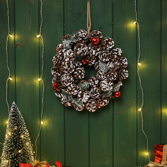 LABZIO Rustic Pinecone Christmas Tree Wreath - 12-Inch Decorative Winter Wreath with Snow-Dusted Red Berries & Greenery - Ideal for Front Door, Wall, or Christmas Tree Decor