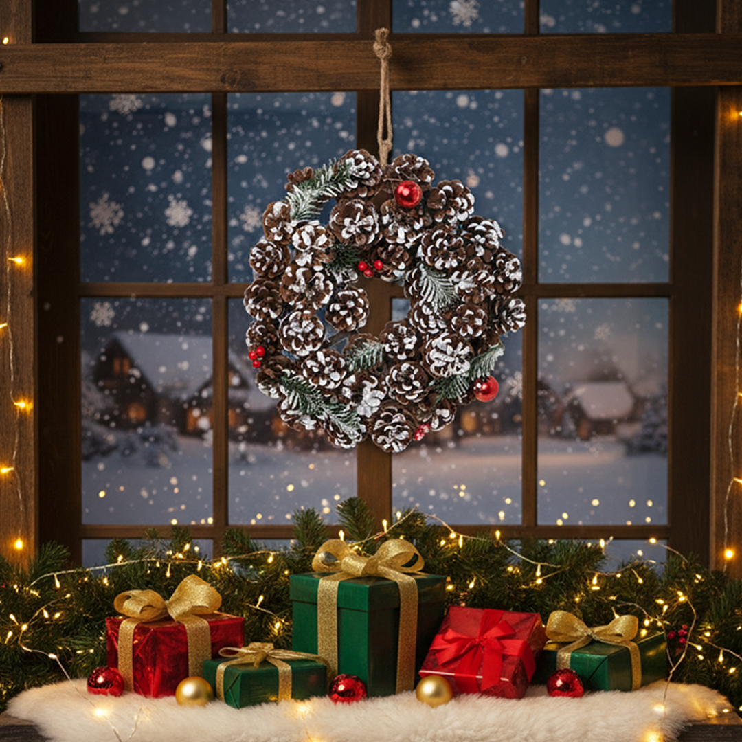 LABZIO Rustic Pinecone Christmas Tree Wreath - 12-Inch Decorative Winter Wreath with Snow-Dusted Red Berries & Greenery - Ideal for Front Door, Wall, or Christmas Tree Decor