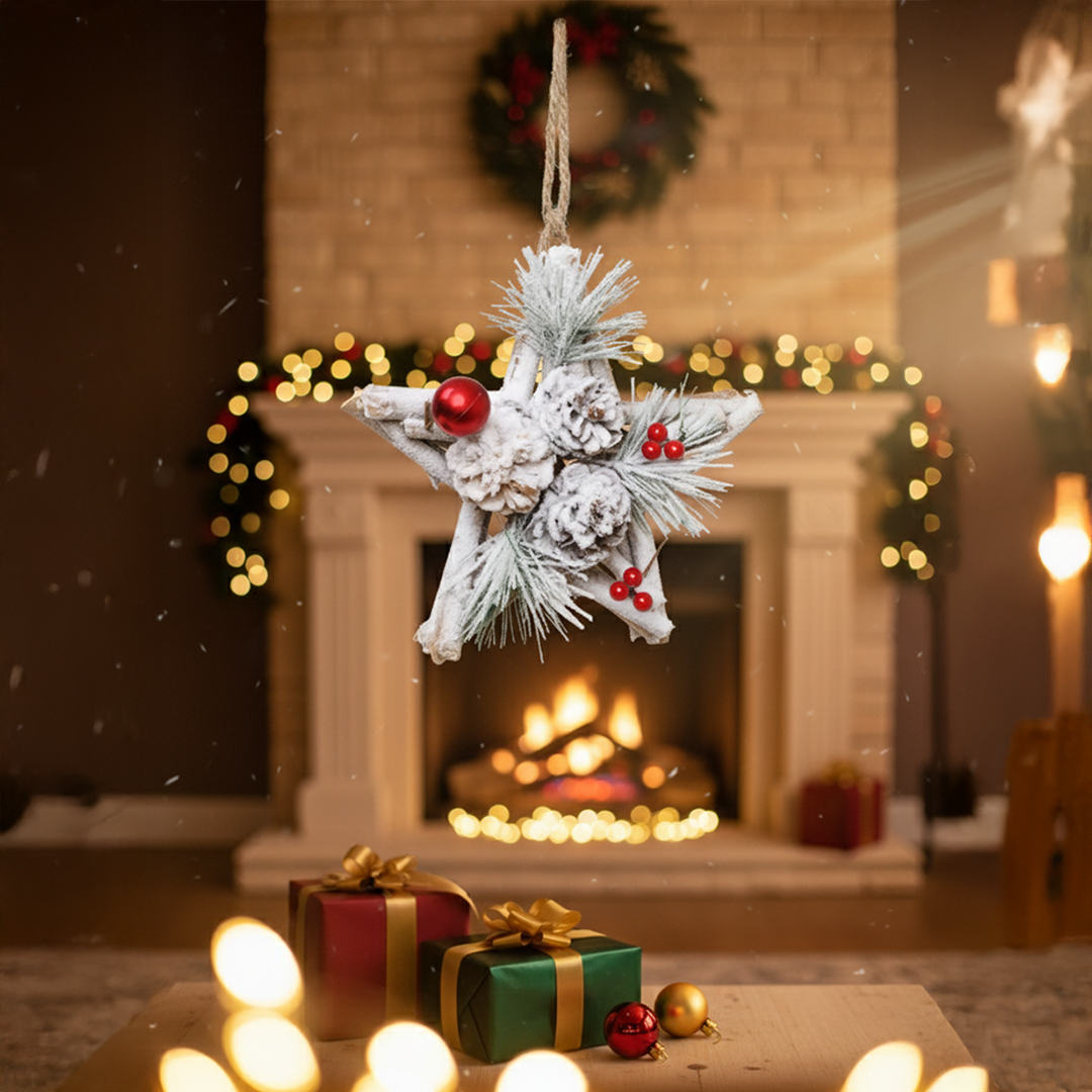 LABZIO Rustic Star-Shaped Christmas Tree Ornament - 6-Inch Wood and Pinecone Hanging Decoration with Snow-Dusted Red Berries & Pine Sprigs - Perfect for Holiday Tree & Home Decor