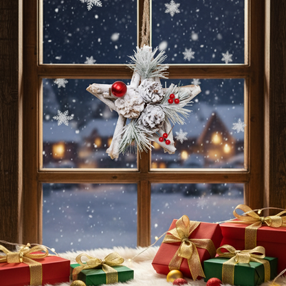 LABZIO Rustic Star-Shaped Christmas Tree Ornament - 6-Inch Wood and Pinecone Hanging Decoration with Snow-Dusted Red Berries & Pine Sprigs - Perfect for Holiday Tree & Home Decor