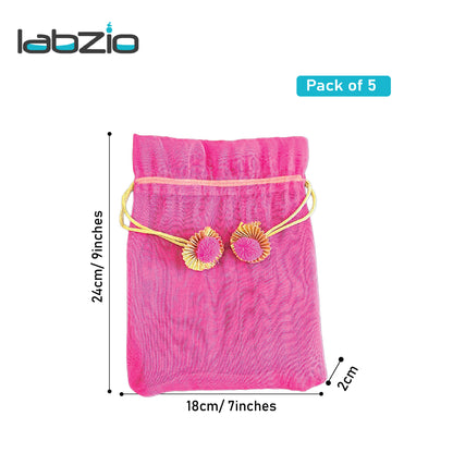 LABZIO Silk Organza Potli Bags for Return Gifts – 9x7 Inch Silk Gift Pouches with Drawstring & Flower Design, Wedding, Mehendi, Party Favor Bags, Jewelry Pouch - (Pack of 5)
