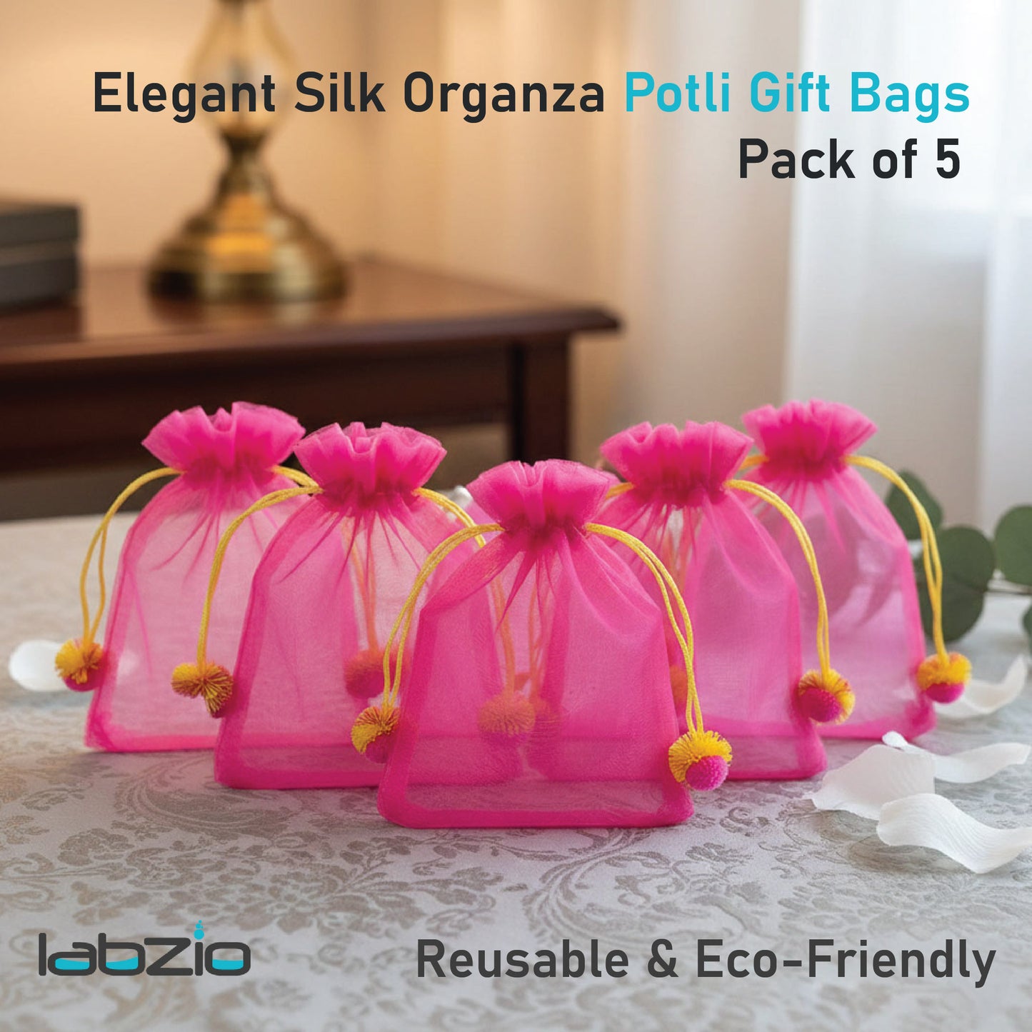 LABZIO Silk Organza Potli Bags for Return Gifts – 9x7 Inch Silk Gift Pouches with Drawstring & Flower Design, Wedding, Mehendi, Party Favor Bags, Jewelry Pouch - (Pack of 5)