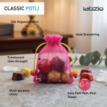 LABZIO Silk Organza Potli Bags for Return Gifts – 9x7 Inch Silk Gift Pouches with Drawstring & Flower Design, Wedding, Mehendi, Party Favor Bags, Jewelry Pouch - (Pack of 5)