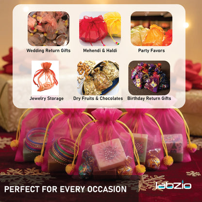 LABZIO Silk Organza Potli Bags for Return Gifts – 9x7 Inch Silk Gift Pouches with Drawstring & Flower Design, Wedding, Mehendi, Party Favor Bags, Jewelry Pouch - (Pack of 5)