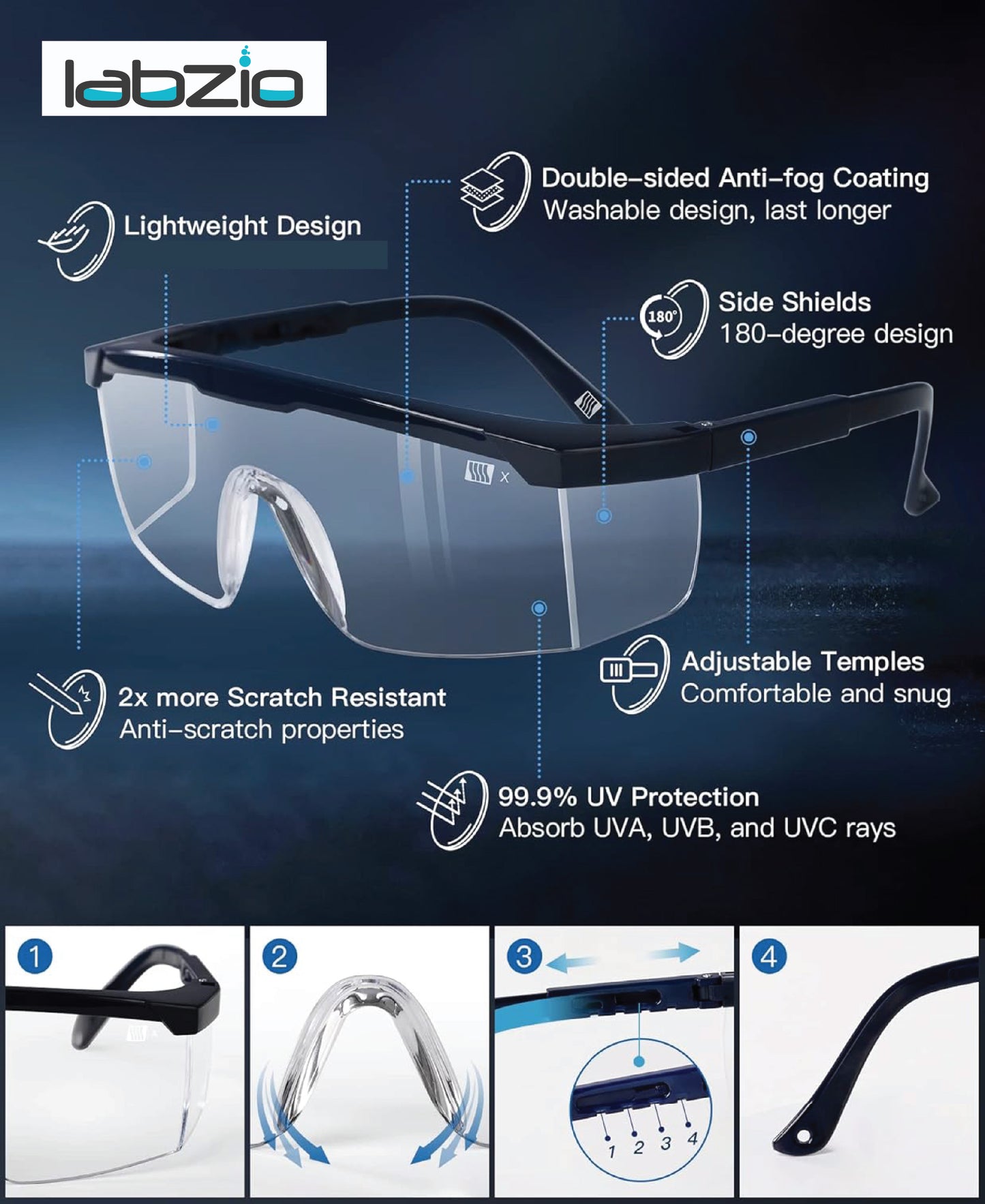 LABZIO - Safety Goggles With Side Protection & Adjustable Temples For Unviversal Fit, Chemical Resistant (Pack of 5 Goggles)