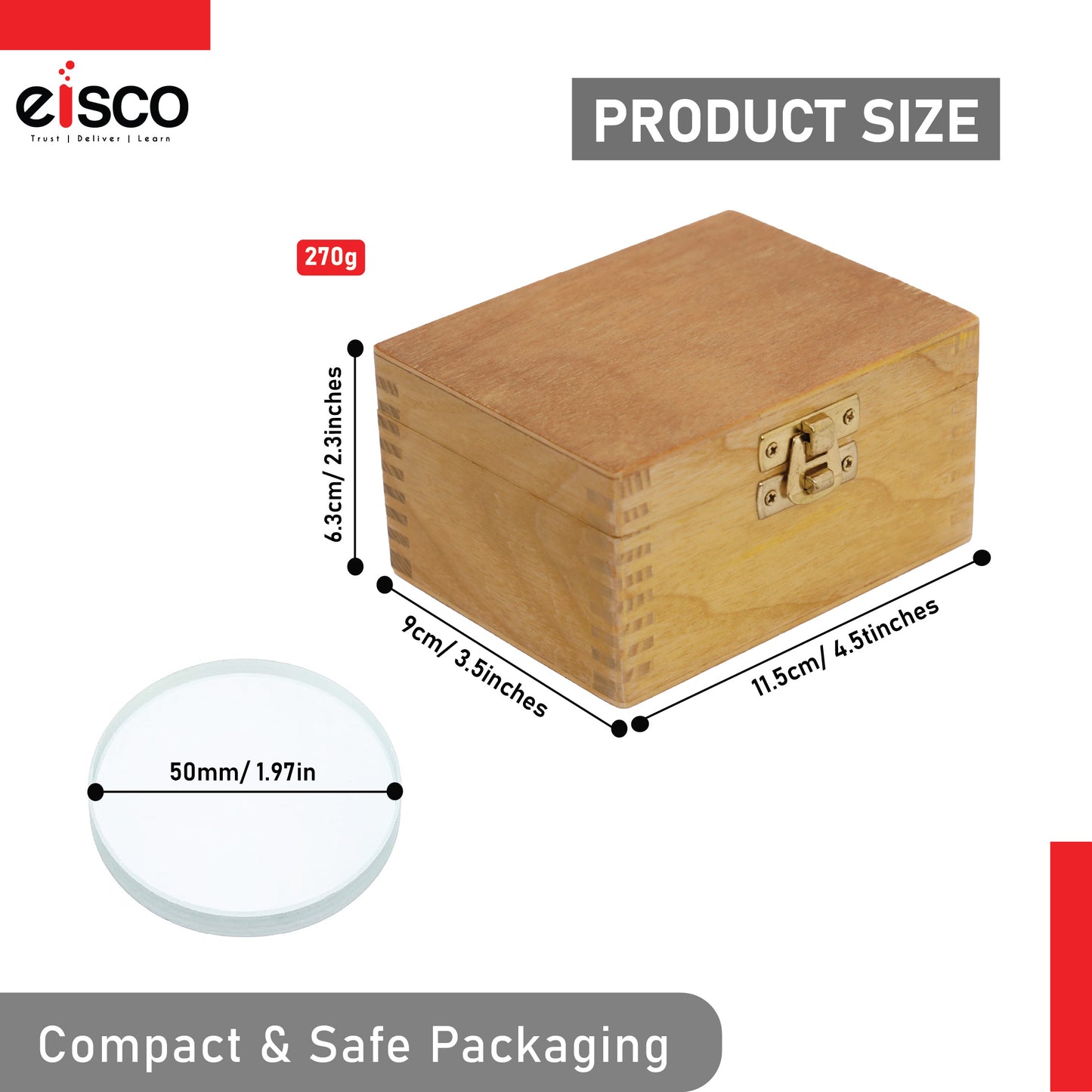 EISCO Set of 6 Glass Lenses | Different Focal Lengths | Ground & Polished Faces | Optical Lenses for Science Experiments, Physics Studies | Supplied in Durable Wooden Case