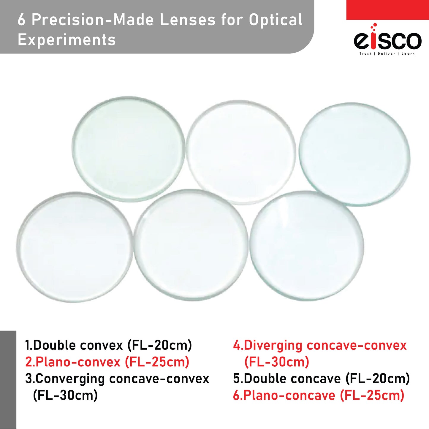 EISCO Set of 6 Glass Lenses | Different Focal Lengths | Ground & Polished Faces | Optical Lenses for Science Experiments, Physics Studies | Supplied in Durable Wooden Case