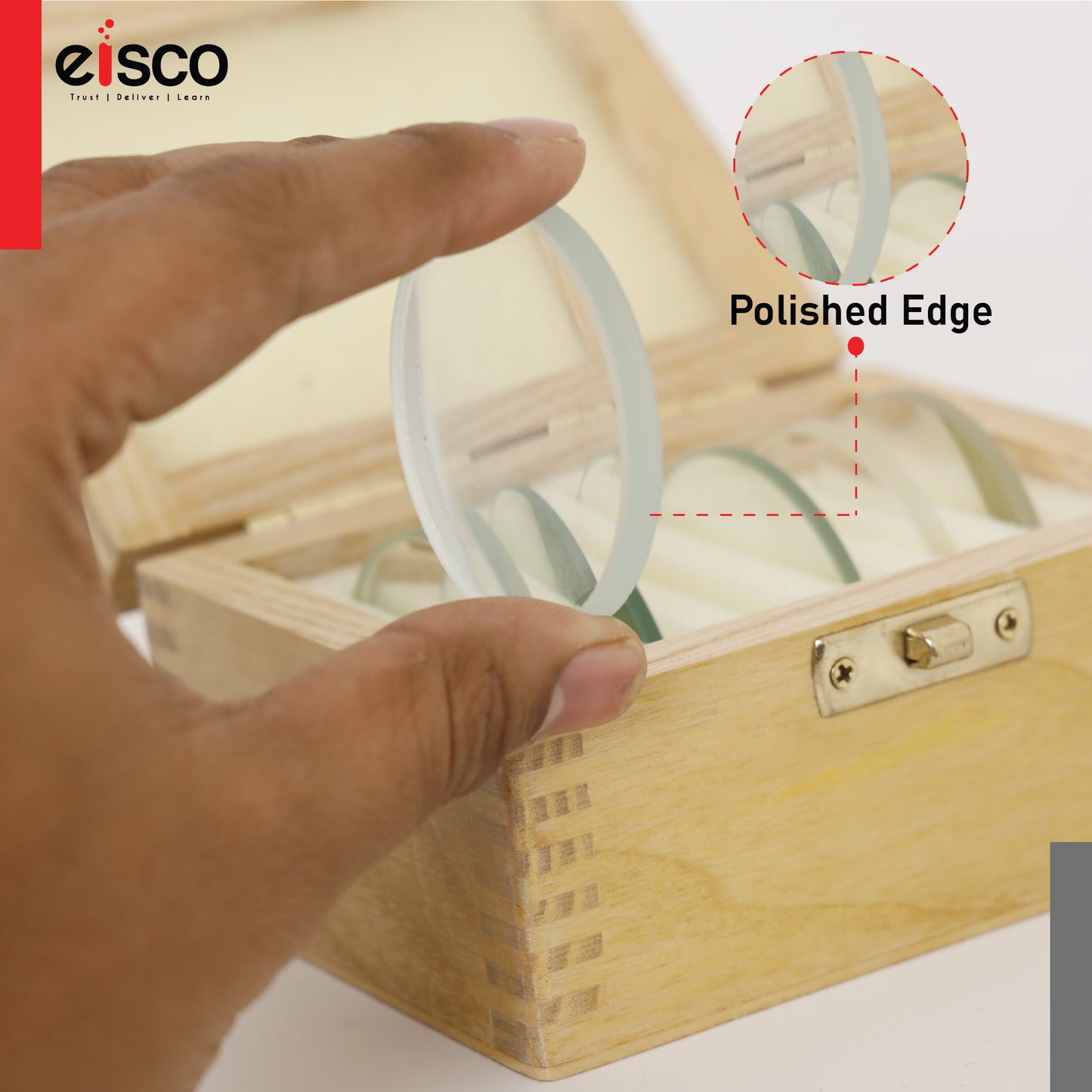 EISCO Set of 6 Glass Lenses | Different Focal Lengths | Ground & Polished Faces | Optical Lenses for Science Experiments, Physics Studies | Supplied in Durable Wooden Case