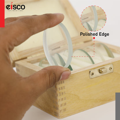 EISCO Set of 6 Glass Lenses | Different Focal Lengths | Ground & Polished Faces | Optical Lenses for Science Experiments, Physics Studies | Supplied in Durable Wooden Case