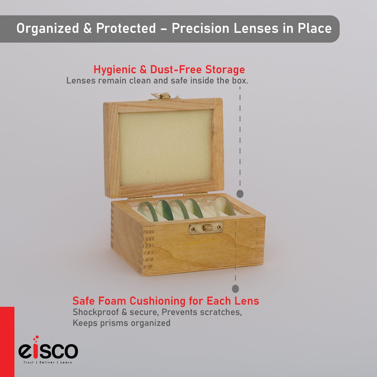 EISCO Set of 6 Glass Lenses | Different Focal Lengths | Ground & Polished Faces | Optical Lenses for Science Experiments, Physics Studies | Supplied in Durable Wooden Case