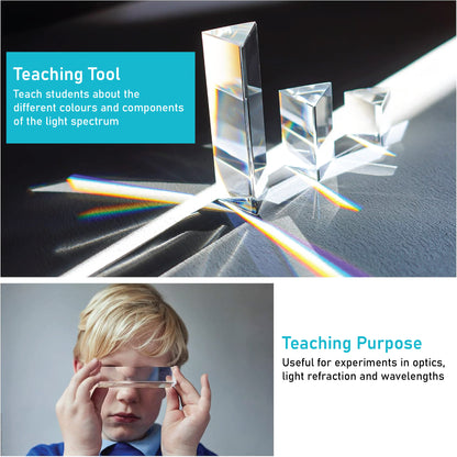 EISCO Equilateral Acrylic Prisms, Set of 3, 25 mm, 50 mm and 100 mm Prisms In Length, Clear Acrylic With Highly Polished Surfaces