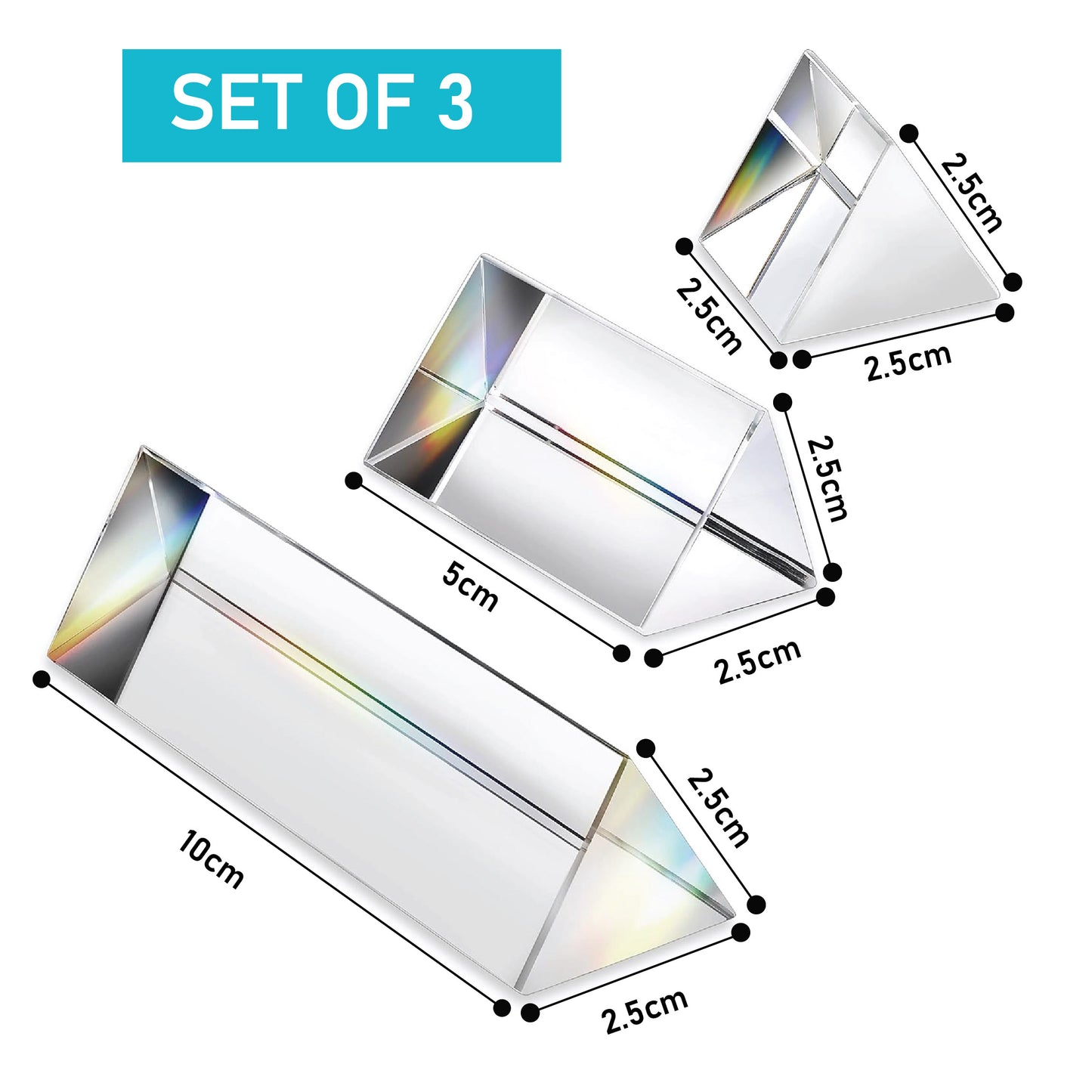 EISCO Equilateral Acrylic Prisms, Set of 3, 25 mm, 50 mm and 100 mm Prisms In Length, Clear Acrylic With Highly Polished Surfaces