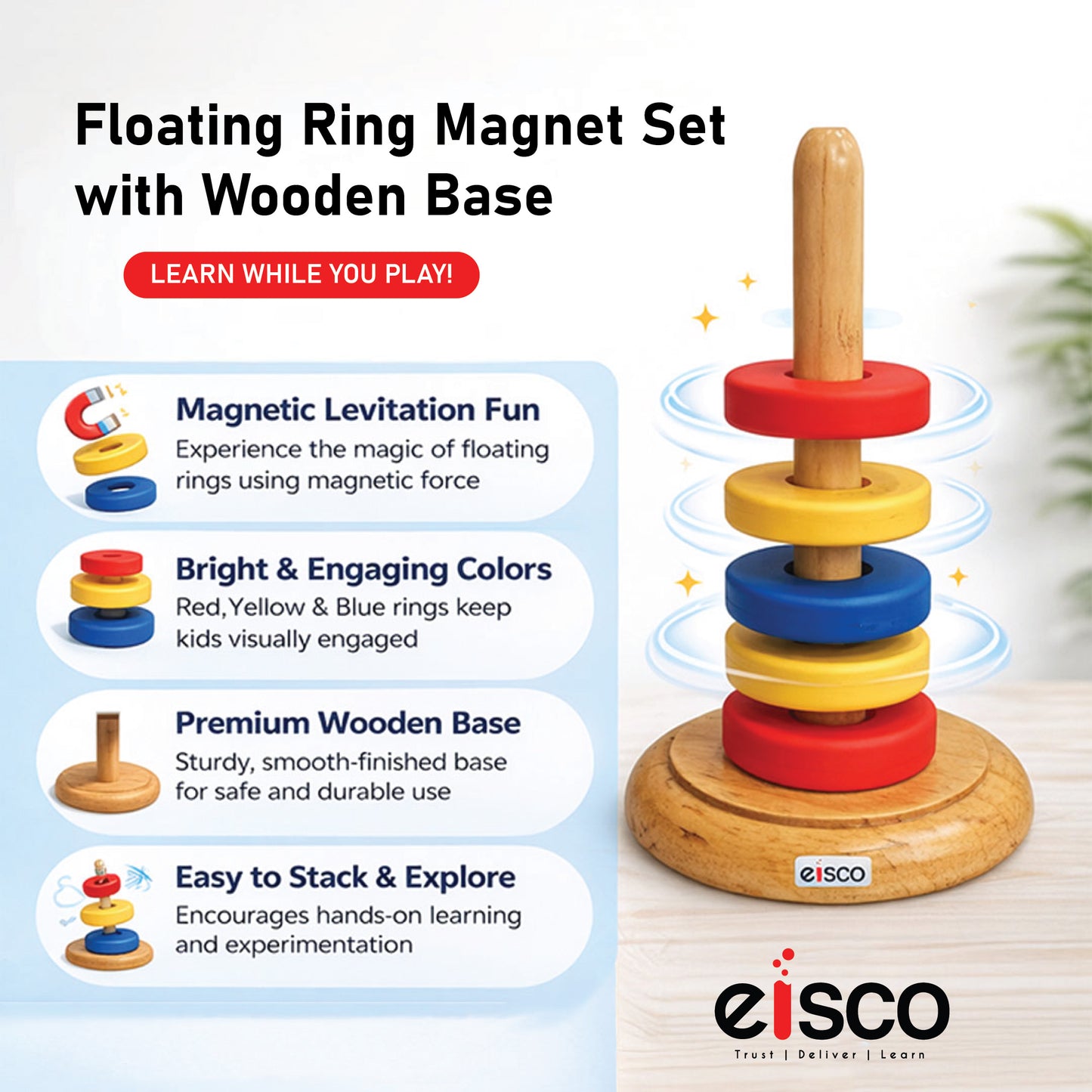 Floating Ring Magnets with Wooden Base, Set of 5 Ceramic Magnets