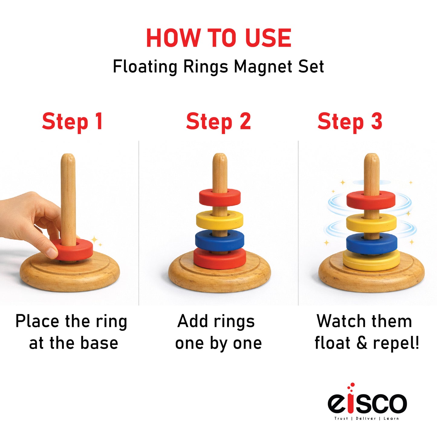 Floating Ring Magnets with Wooden Base, Set of 5 Ceramic Magnets