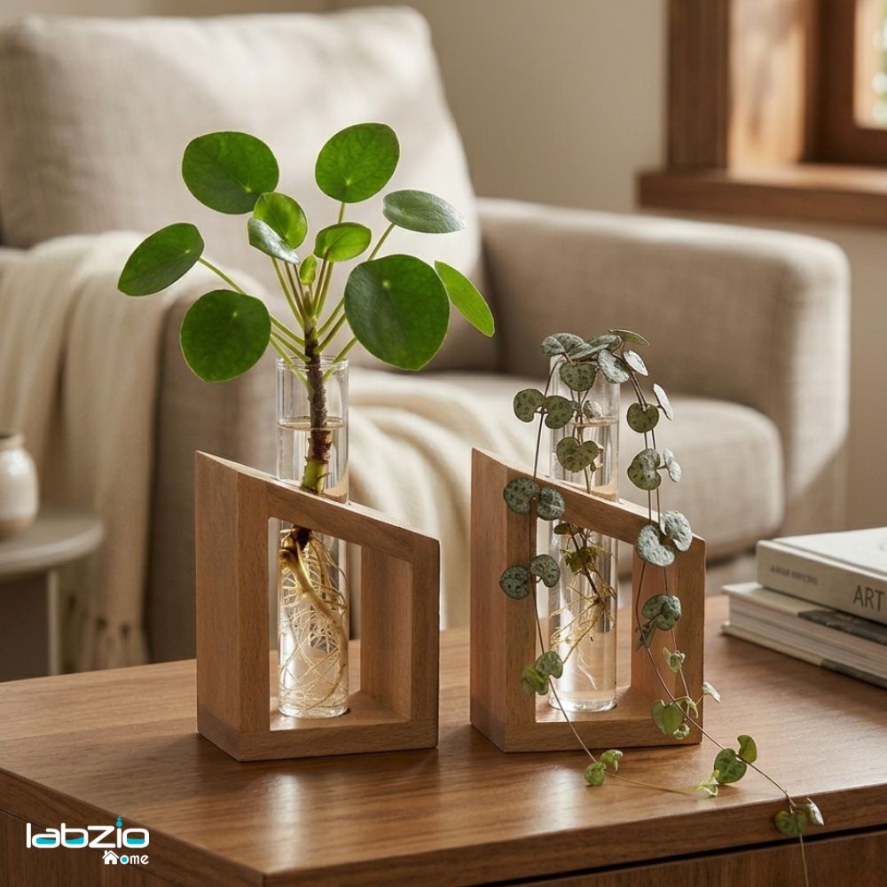 Labzio Home - Flower Vase in a Artistic Wooden Stand with 3.3 borosilicate glass tube, Pack of 1