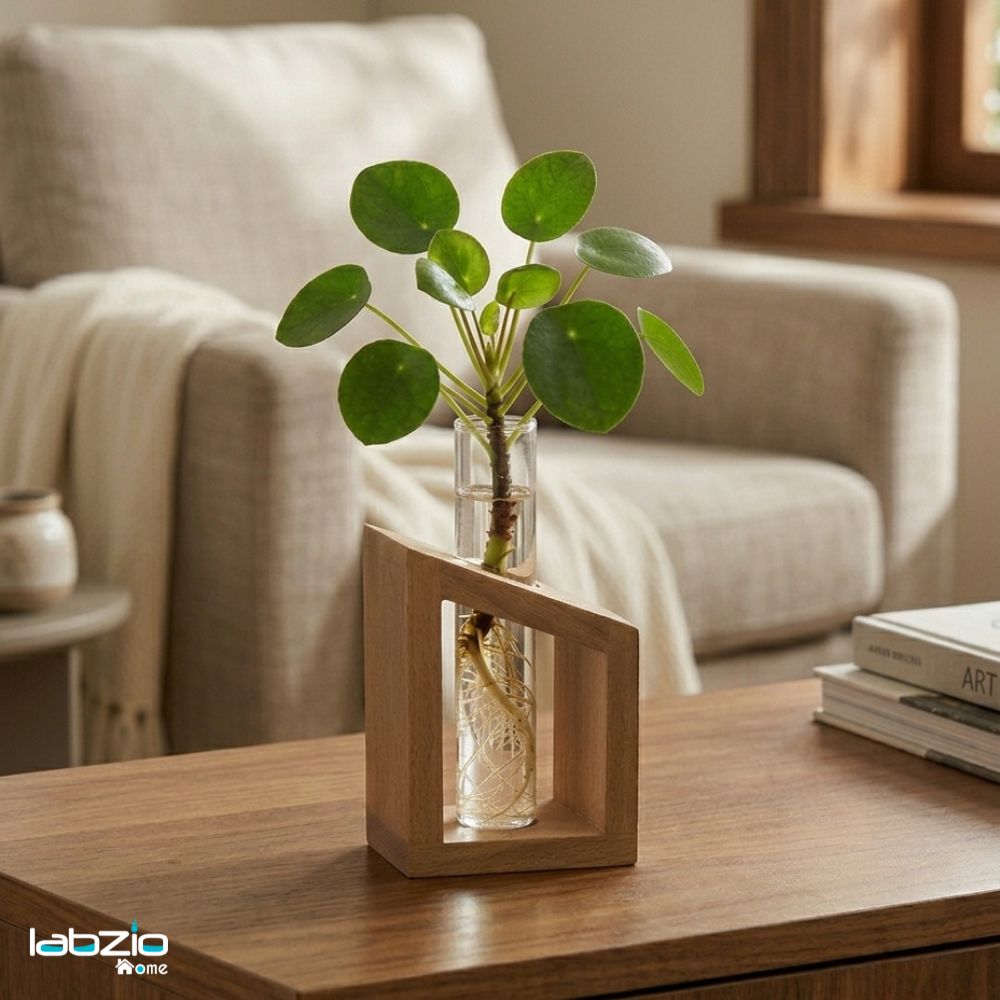 Labzio Home - Flower Vase in a Artistic Wooden Stand with 3.3 borosilicate glass tube, Pack of 1