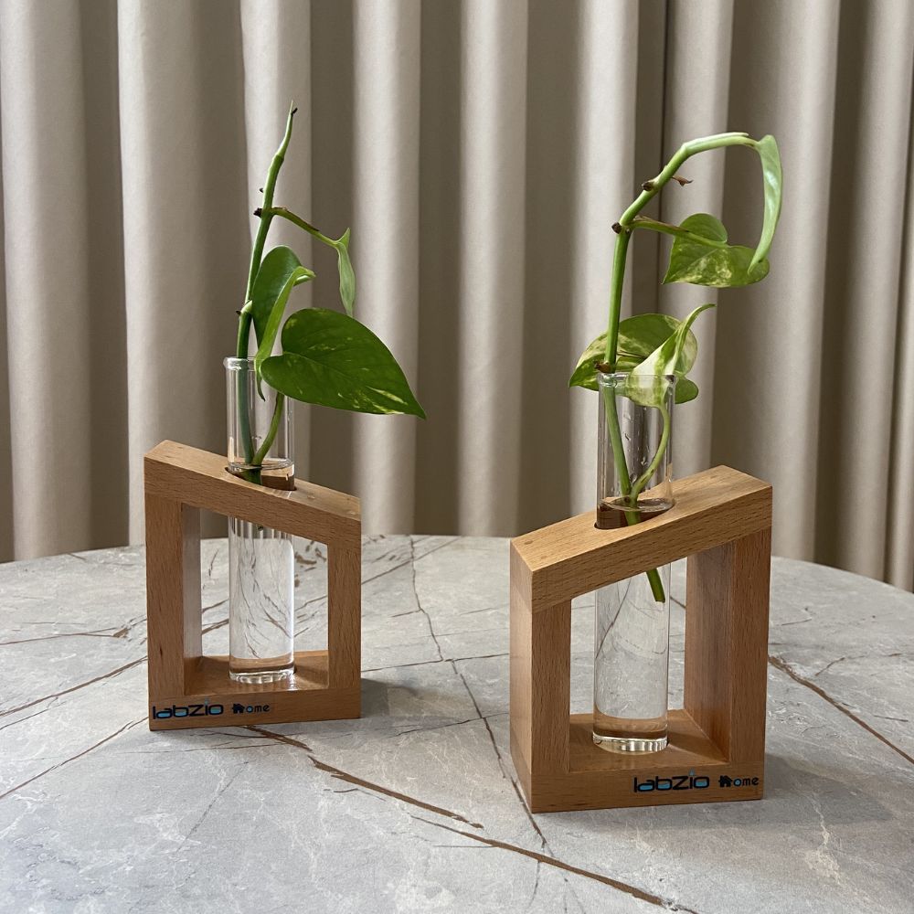 Labzio Home - Flower Vase in a Artistic Wooden Stand with 3.3 borosilicate glass tube, Pack of 1